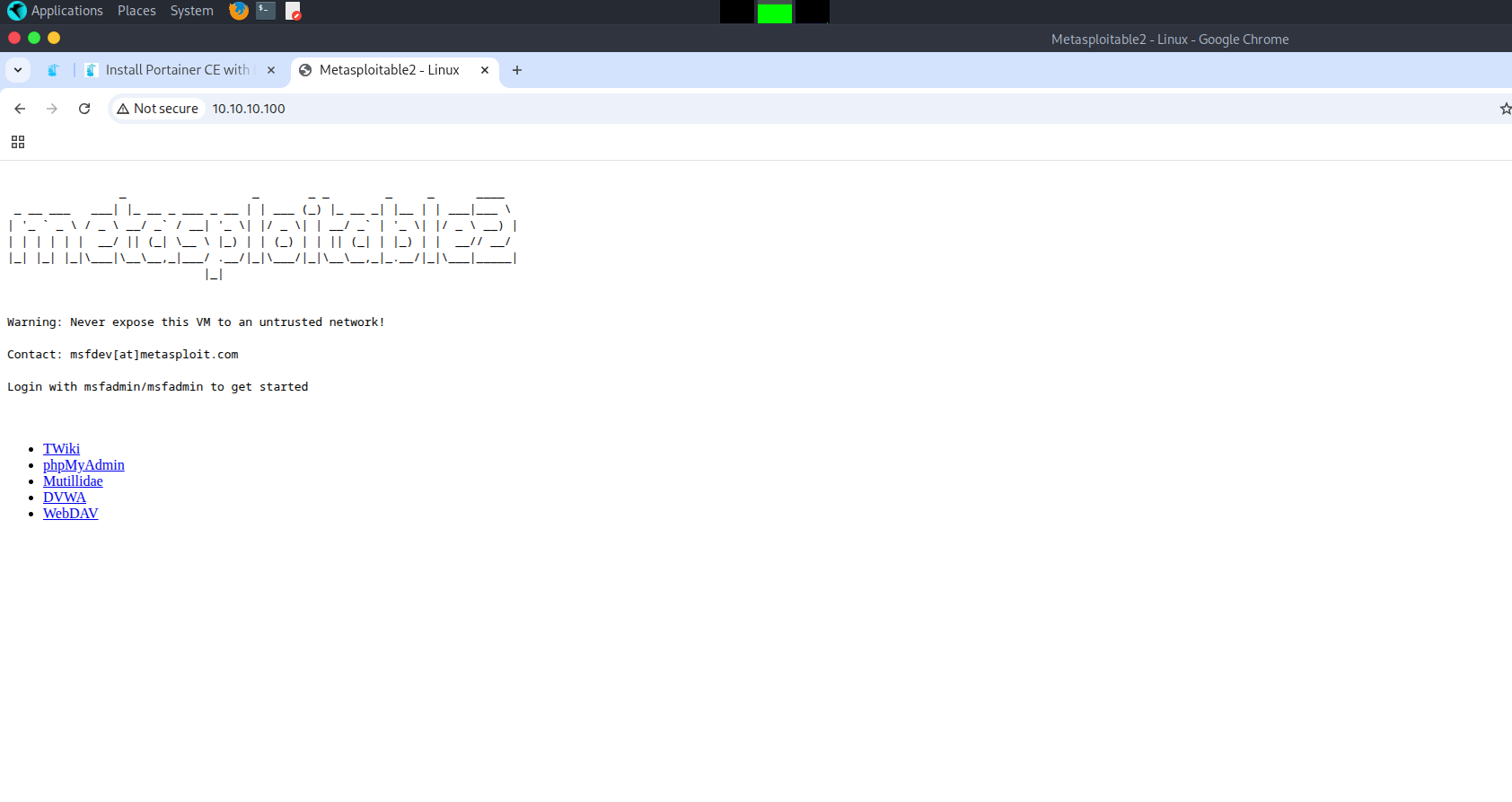 24 AFTER WINDOWS Accessing Metasploitable dashboard via ip address on parrot os